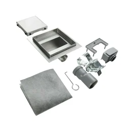 Caniveau de douche carré inox CARA 25 x 25 cm avec siphon anti-odeurs, drainage 36l/min, hauteur réglable^Saniverre Hot