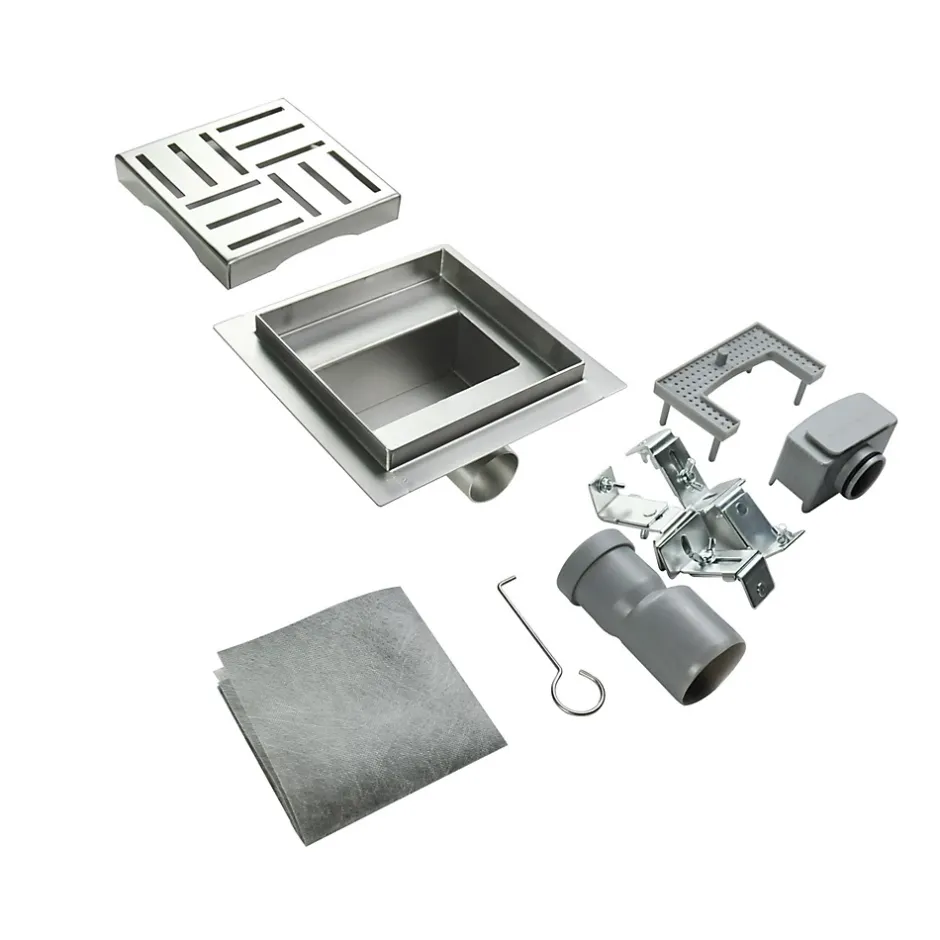 Caniveau de douche carré motif quadrillé DOMEO 12 x 12 cm siphon anti-odeurs, drainage 36l/min, h. réglable-Saniverre