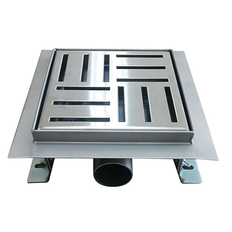 Caniveau de douche carré motif quadrillé DOMEO 12 x 12 cm siphon anti-odeurs, drainage 36l/min, h. réglable-Saniverre