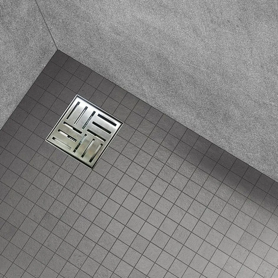 Caniveau de douche carré motif quadrillé DOMEO 12 x 12 cm siphon anti-odeurs, drainage 36l/min, h. réglable-Saniverre