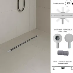 Caniveau de douche italienne slim DEKI L.70 cm acier inoxydable avec siphon 360, drainage performant^Saniverre Outlet