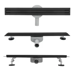 Caniveau de douche italienne étroit noir SAMY L.50 cm siphon 360, drainage 36l/min, hauteur réglable^Saniverre