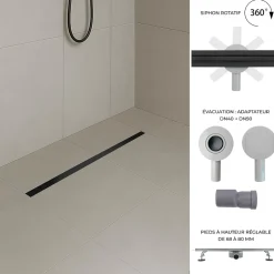 Caniveau de douche italienne étroit noir SAMY L.50 cm siphon 360, drainage 36l/min, hauteur réglable^Saniverre