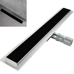 Caniveau de douche KODY L.70 cm verre noir et inox, siphon anti-odeurs, drainage performant --Saniverre