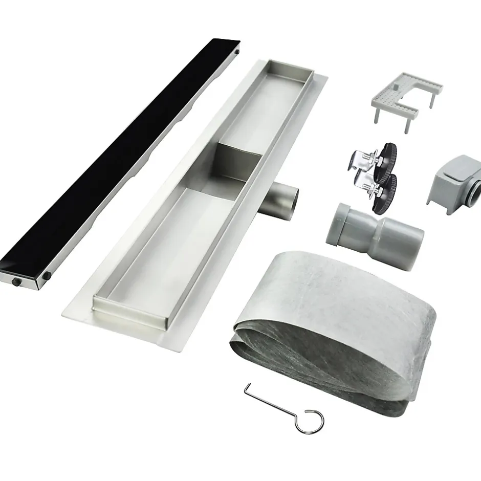 Caniveau de douche KODY L.70 cm verre noir et inox, siphon anti-odeurs, drainage performant --Saniverre