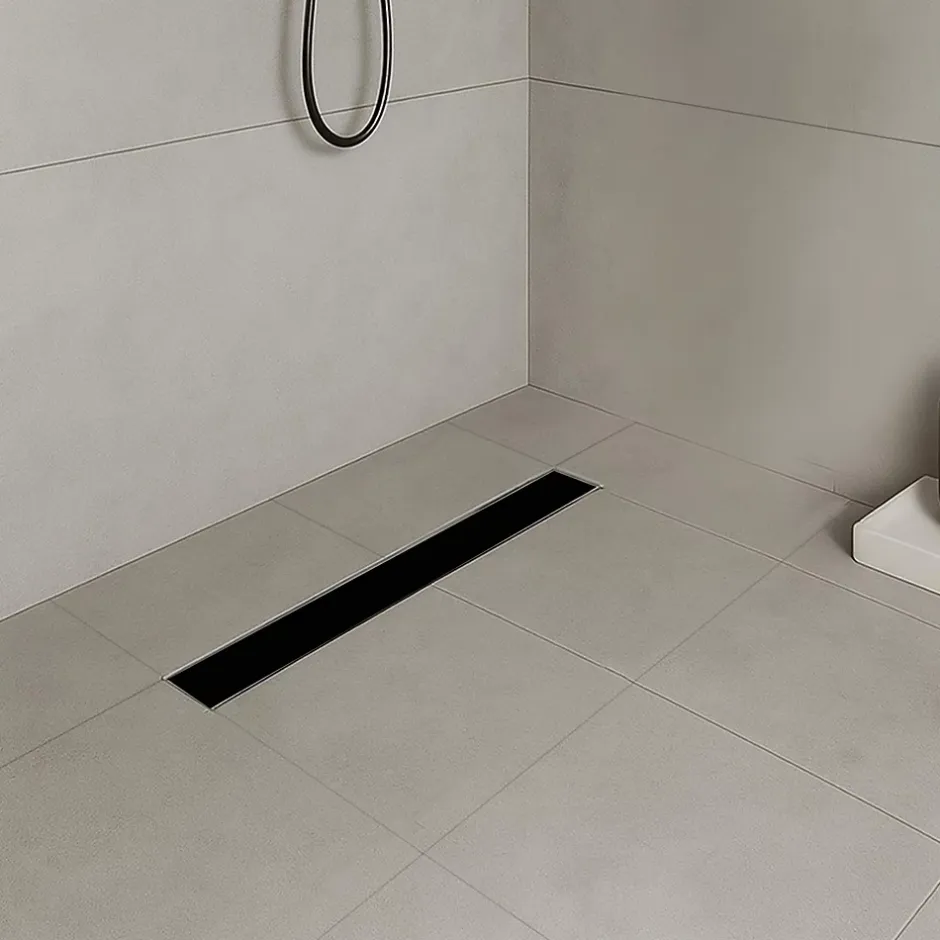 Caniveau de douche KODY L.60 cm verre noir et inox, siphon anti-odeurs, drainage performant -^Saniverre Clearance