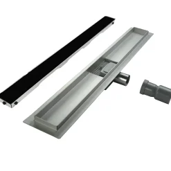 Caniveau de douche KODY L.60 cm verre noir et inox, siphon anti-odeurs, drainage performant -^Saniverre Clearance