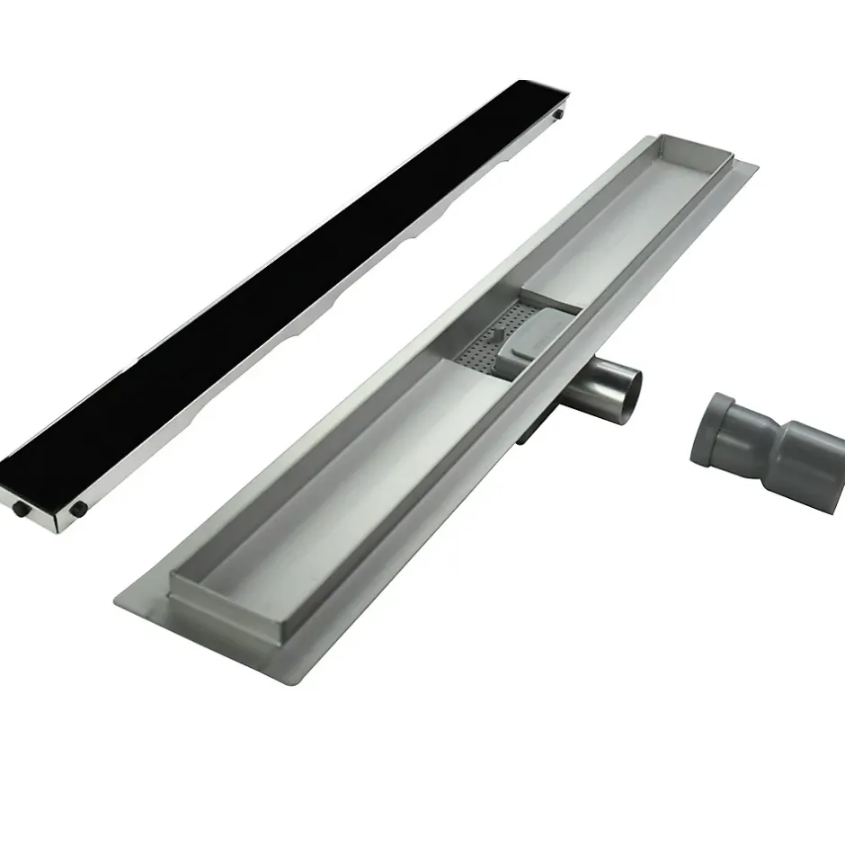 Caniveau de douche KODY L.60 cm verre noir et inox, siphon anti-odeurs, drainage performant -^Saniverre Clearance