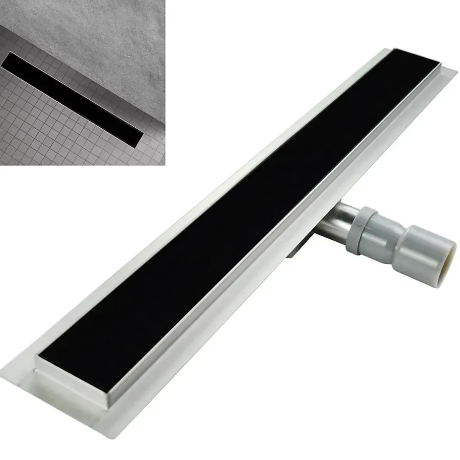 Caniveau de douche KODY L.60 cm verre noir et inox, siphon anti-odeurs, drainage performant -^Saniverre Clearance