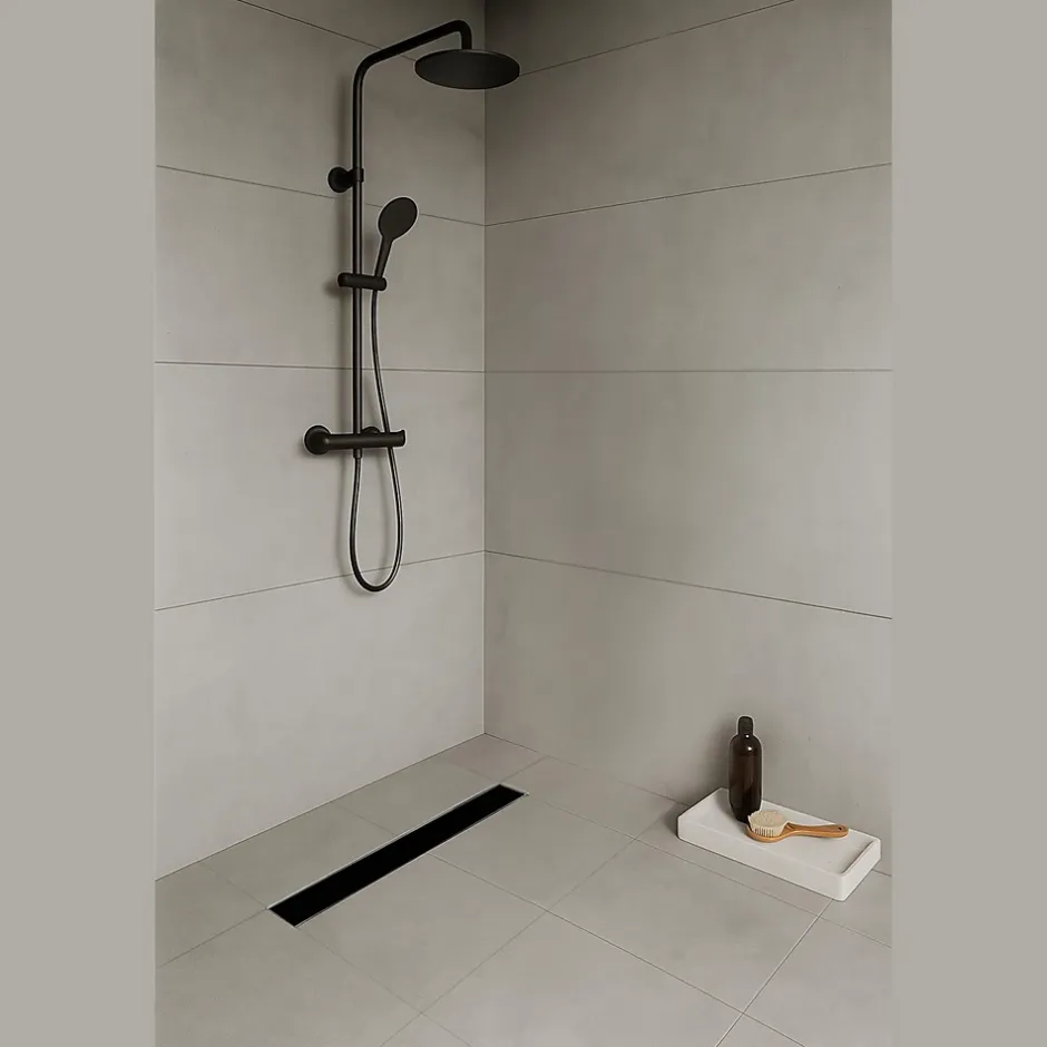 Caniveau de douche KODY L.60 cm verre noir et inox, siphon anti-odeurs, drainage performant -^Saniverre Clearance