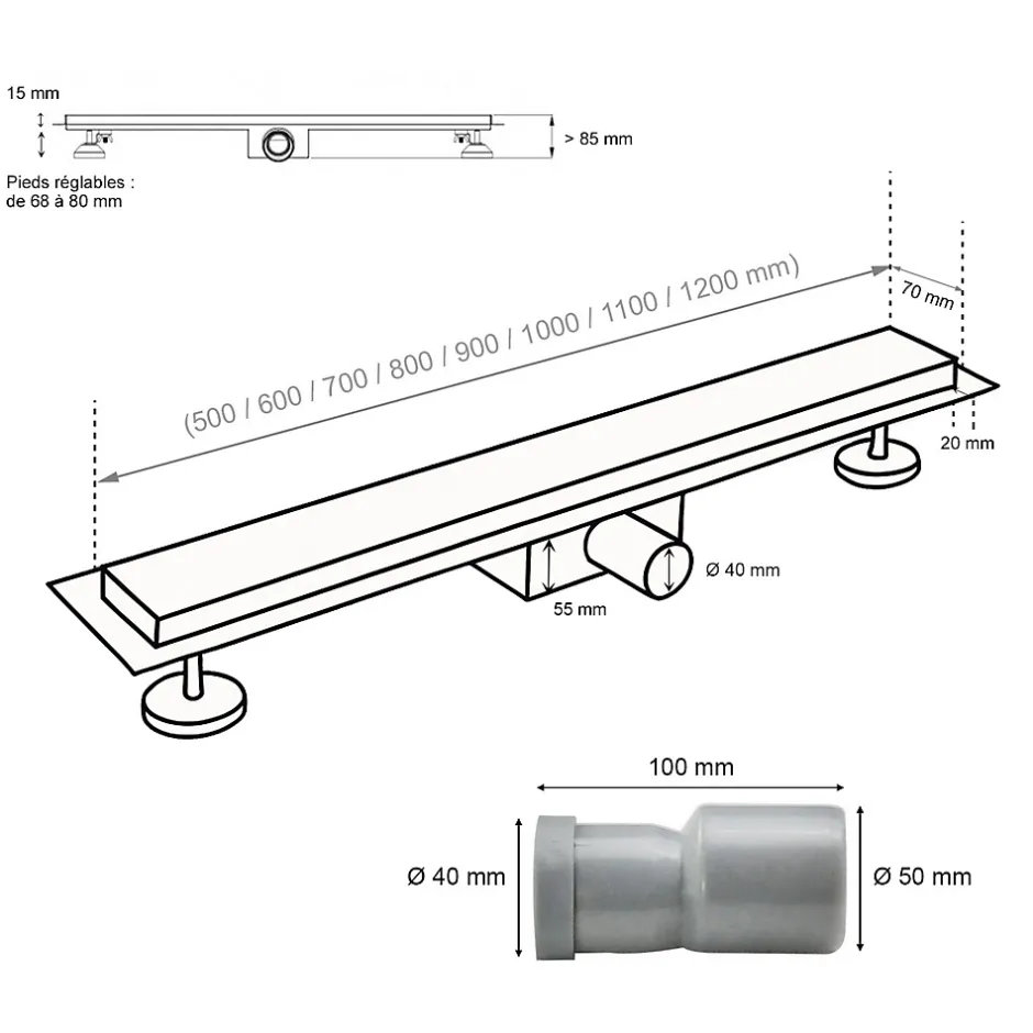 Caniveau de douche KODY L.60 cm verre noir et inox, siphon anti-odeurs, drainage performant -^Saniverre Clearance