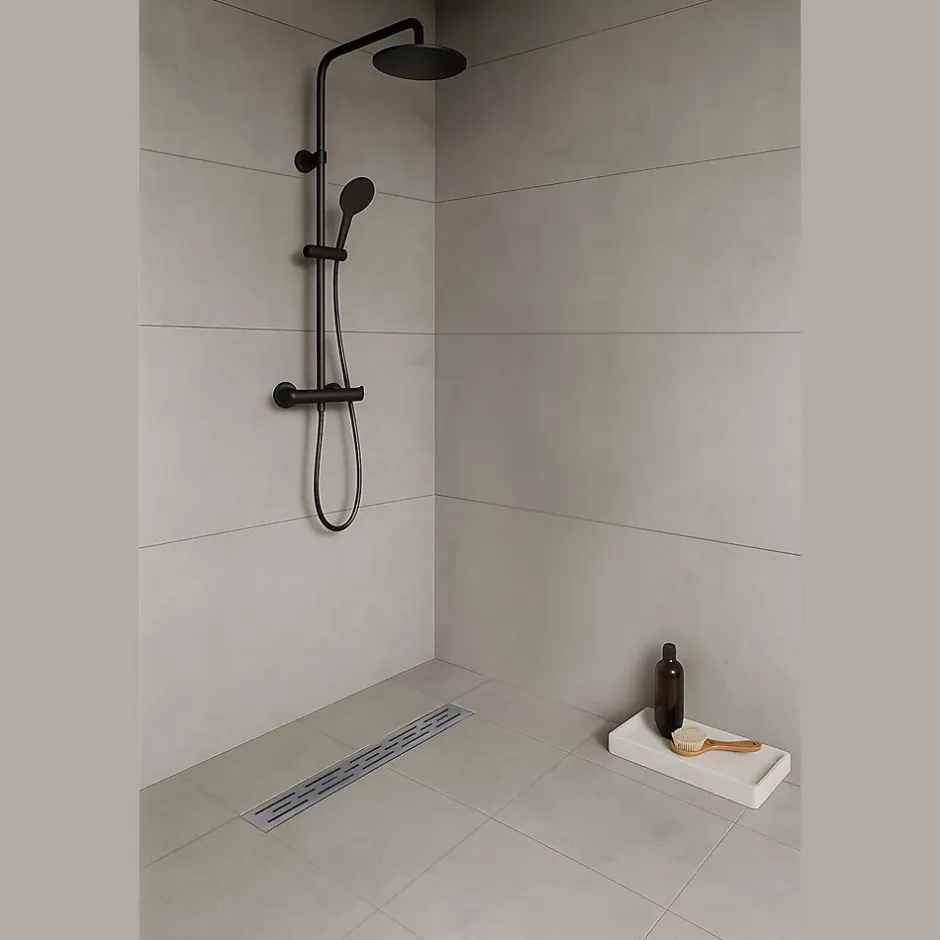 Caniveau de douche L.60 cm JAZY design linéaire, inox, anti-odeurs, drainage élevé -^Saniverre Hot
