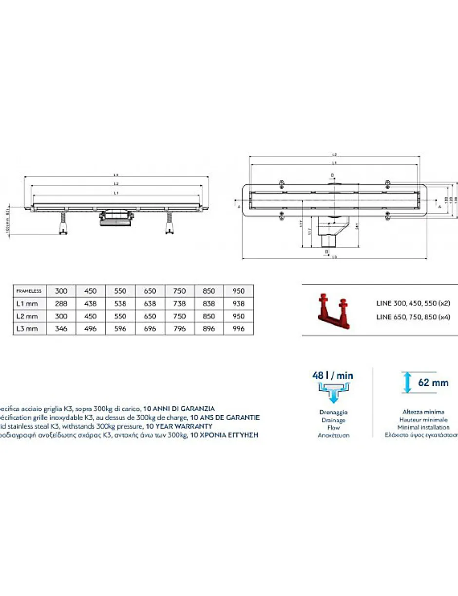 Caniveau de douche sans cadre en or plaqué 24 carats FRAMELESS LINE-55 cm--^Karag Online