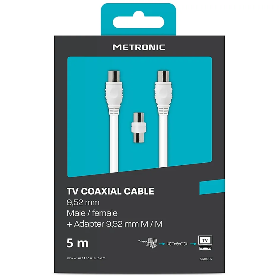 Câble TV coaxial 9,52 mm mâle/fem.+adaptateur mâle/mâle 5 m - 338007-Metronic Discount