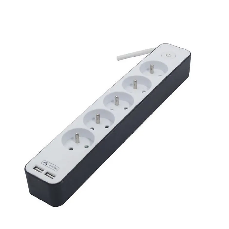 Bloc multiprise 5 prises 16 A avec 2 ports USB et cable 1,5 m HO5VV-F 3x1,5 mm2 blanc et gris^Chacon Online