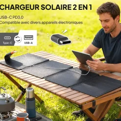Chargeur solaire portable 36W ports type-C et USB-a norme IP67 RoHS CE-RMC gris-Homcom Online