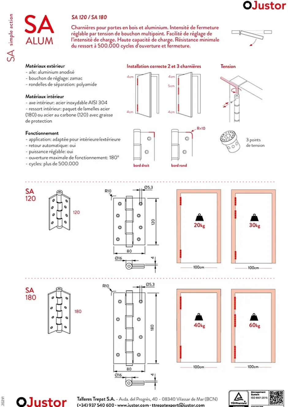 Charnière simple action à ressort, 120X40 mm, en aluminium anodisée or, pour porte de 40 mm-Hardwarexchange Outlet