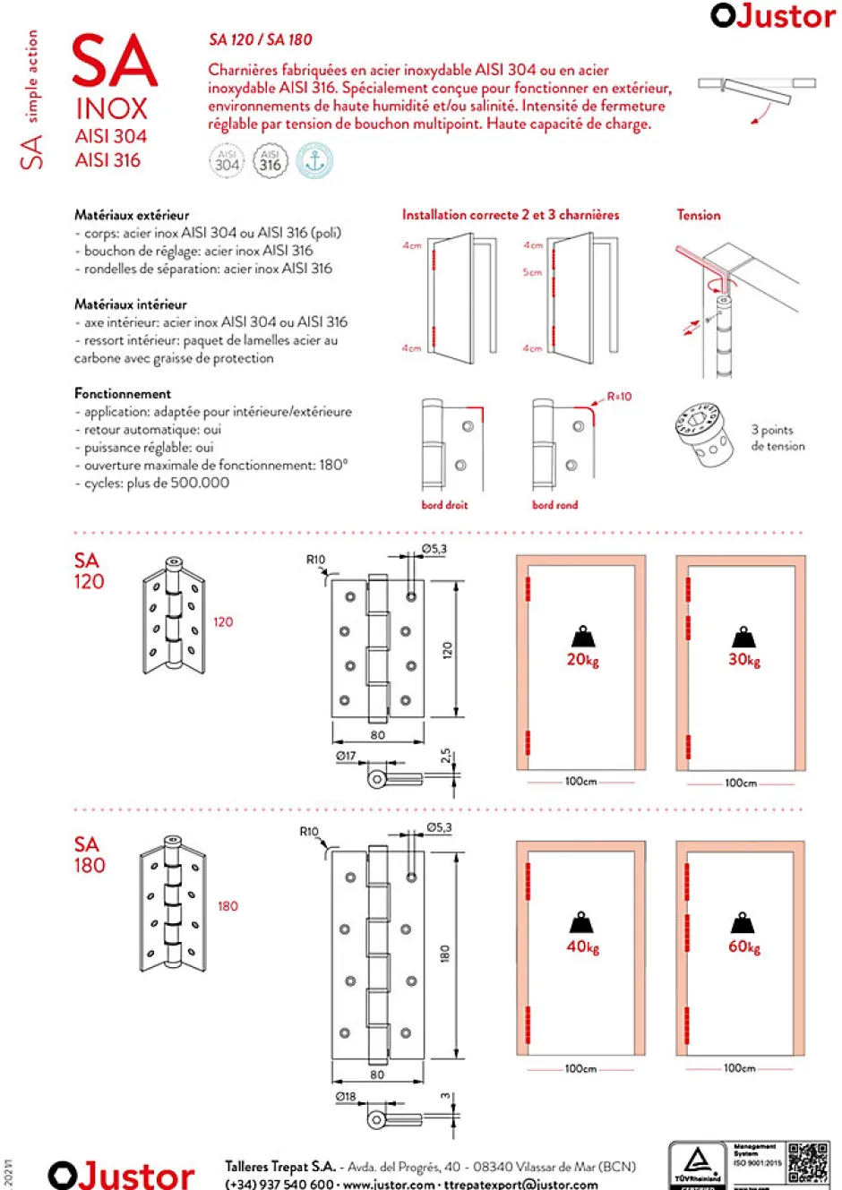 Charnière simple action à ressort, 180X40 mm, en acier inox 316, pour porte de 40 mm-Hardwarexchange