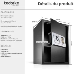 Coffre-fort électronique en acier 50 x 35 x 34,5 cm fer noir-Tectake