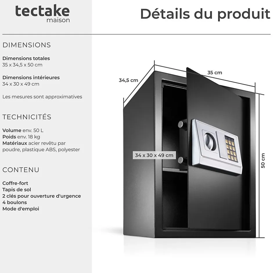 Coffre-fort électronique en acier 50 x 35 x 34,5 cm fer noir-Tectake
