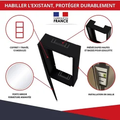 Coffret d'habillage 13 modules en acier noir avec porte miroir - H 79 x L 34 x P 14,5 cm - Réf. RCH300MIRNR-Atole New