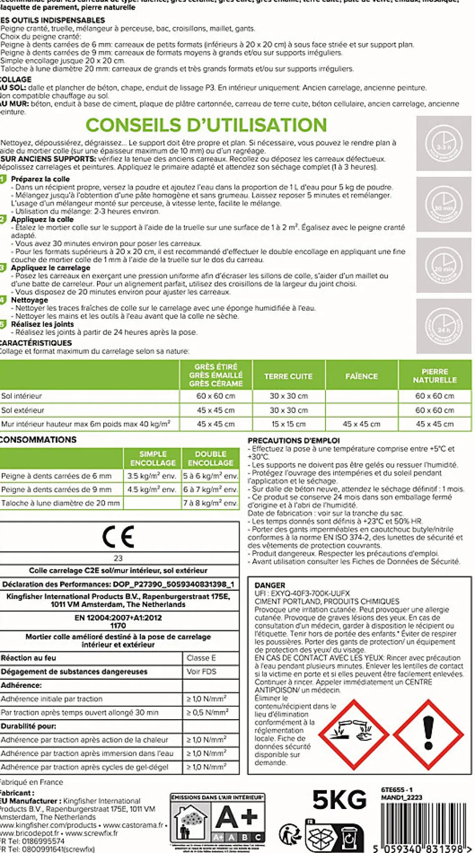 Colle carrelage sol int/ext et mur intérieur gris C2E 5kg-Volden Hot