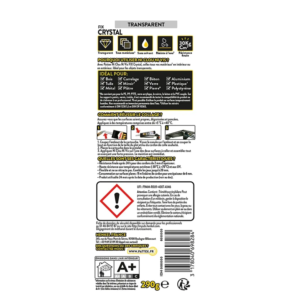 Colle de fixation Crystal 290g-Pattex Discount