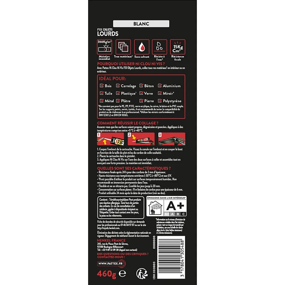 Colle de fixation Ni clou ni vis tous matériaux blanc 460g-Pattex Best