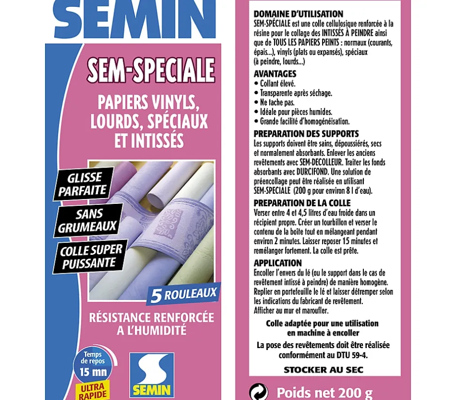 Colle en Poudre pour Papiers Peints Sem-Spéciale , Vinyls, Lourds, Spéciaux et Intissés, Intérieur, Boite 200 g (lot de 2)-Semin Online