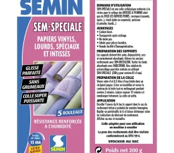 Colle en Poudre pour Papiers Peints Sem-Spéciale , Vinyls, Lourds, Spéciaux et Intissés, Intérieur, Boite 200 g^Semin