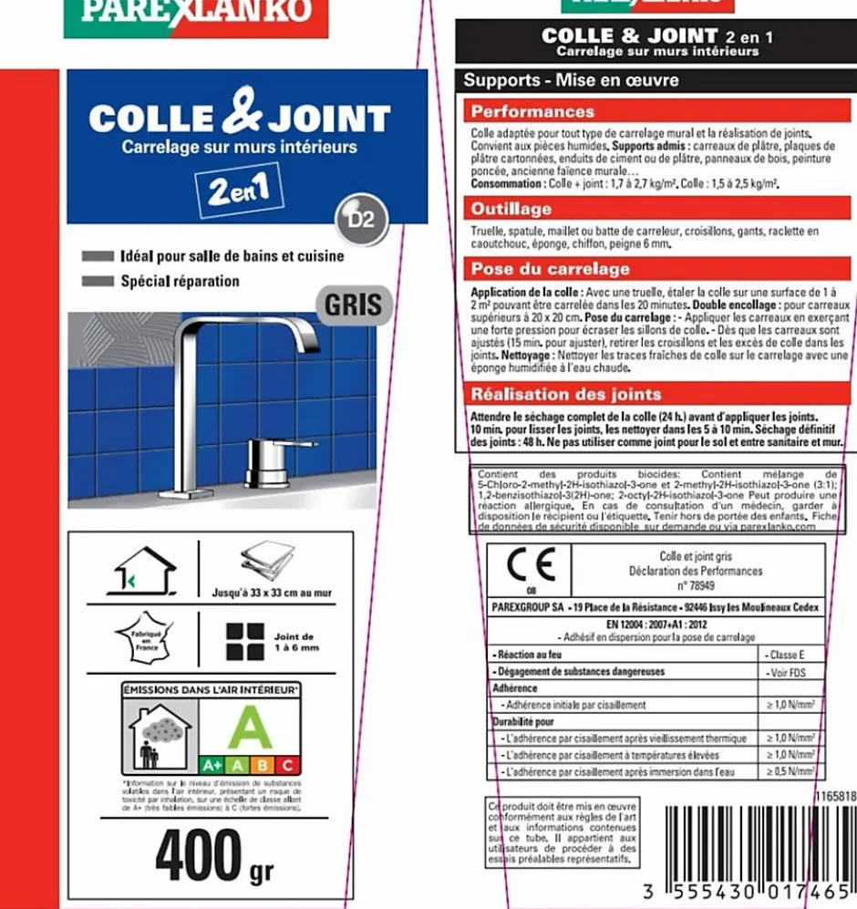 Colle et joint carrelage mur intérieur gris 400 g-Parexlanko Clearance