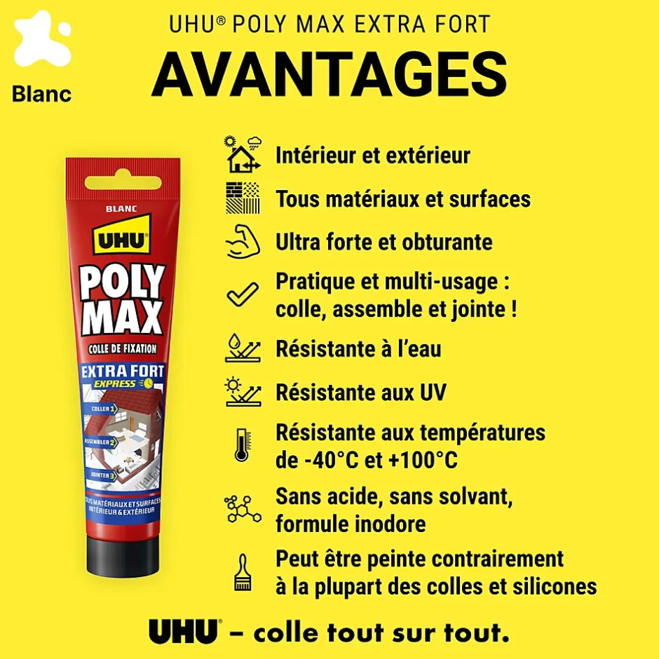 Colle mastic extra forte express Poly Max blanc tube 165g^UHU