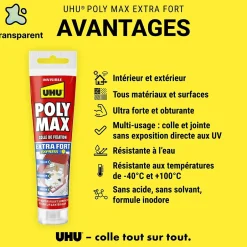 Colle mastic extra forte express Poly Max transparente tube 115g-UHU Hot