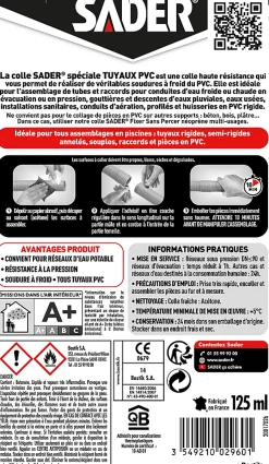 Colle pour Raccords et Tuyaux en PVC Tube 125 ml^Sader Discount