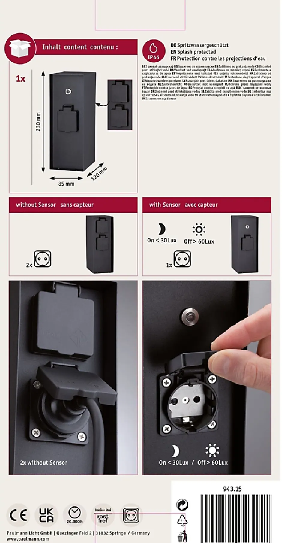 Colonne de prises Rio Interrupteur crépusculaire IP44 Anthracite^Paulmann Discount