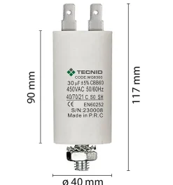 Condensateur de démarrage pour moteurs électriques, 450V, capacité : 30 microfarad, 4 broches / M8-Tecnid