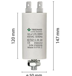 Condensateur de démarrage pour moteurs électriques, 450V, capacité : 50 microfarad, 4 broches / M8^Tecnid Discount