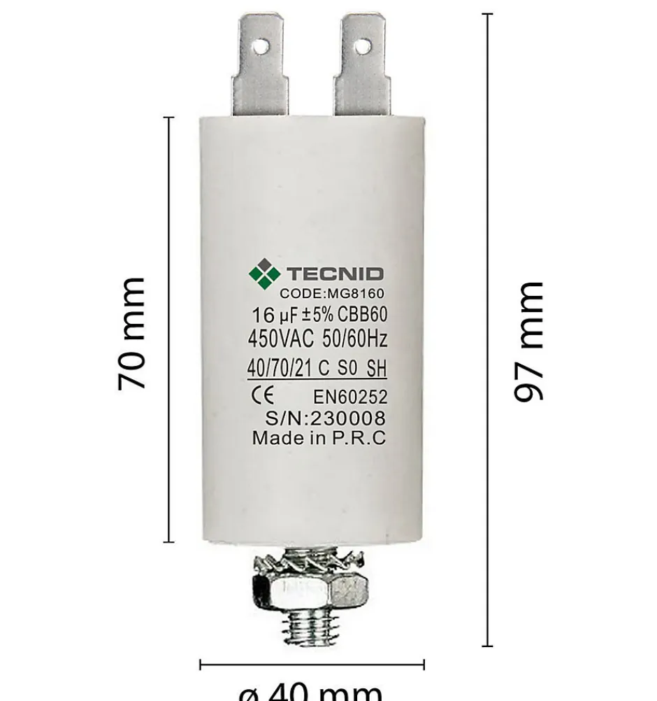 Condensateur de démarrage pour moteurs électriques, 450V, capacité : 16 microfarad, 4 broches / M8-Tecnid Hot