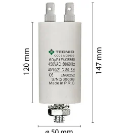 Condensateur de démarrage pour moteurs électriques, 450V, capacité : 60 microfarad, 4 broches / M8^Tecnid Clearance