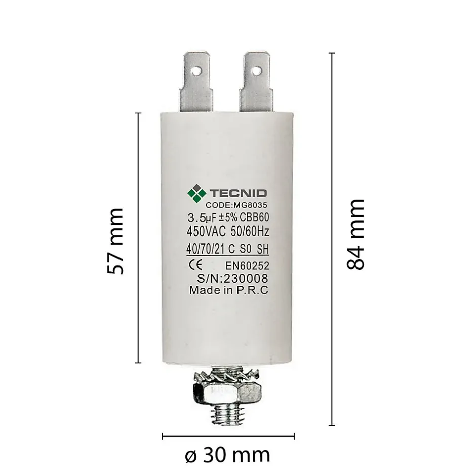 Condensateur de démarrage pour moteurs électriques, 450V, capacité : 3,5 microfarad, 4 broches / M8-Tecnid Outlet
