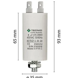 Condensateur de démarrage pour moteurs électriques, 450V, capacité : 8 microfarad, 4 broches / M8^Tecnid