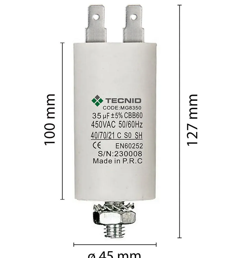 Condensateur de démarrage pour moteurs électriques, 450V, capacité : 35 microfarad, 4 broches / M8^Tecnid Sale