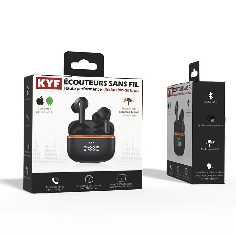 Écouteurs Bluetooth réduction bruit ANC -45dB, ENC -40dB et boitier de charge-Kyf Sale