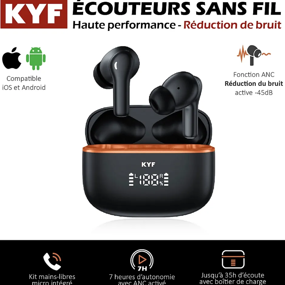 Écouteurs Bluetooth réduction bruit ANC -45dB, ENC -40dB et boitier de charge-Kyf Sale