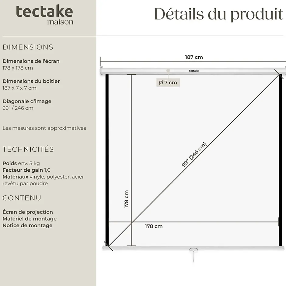 Écran de projection extensible mural en polyester blanc^Tectake Online