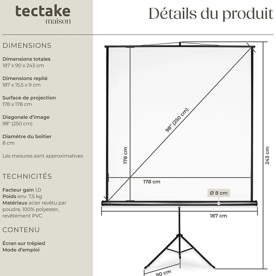 Écran de projection extensible avec un trépied en polyester blanc^Tectake New