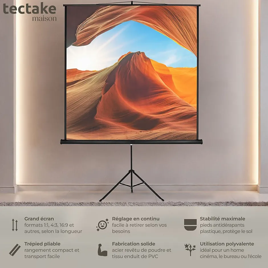 Écran de projection extensible avec un trépied en polyester blanc^Tectake New
