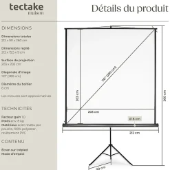 Écran de projection extensible avec un trépied en polyester blanc-Tectake