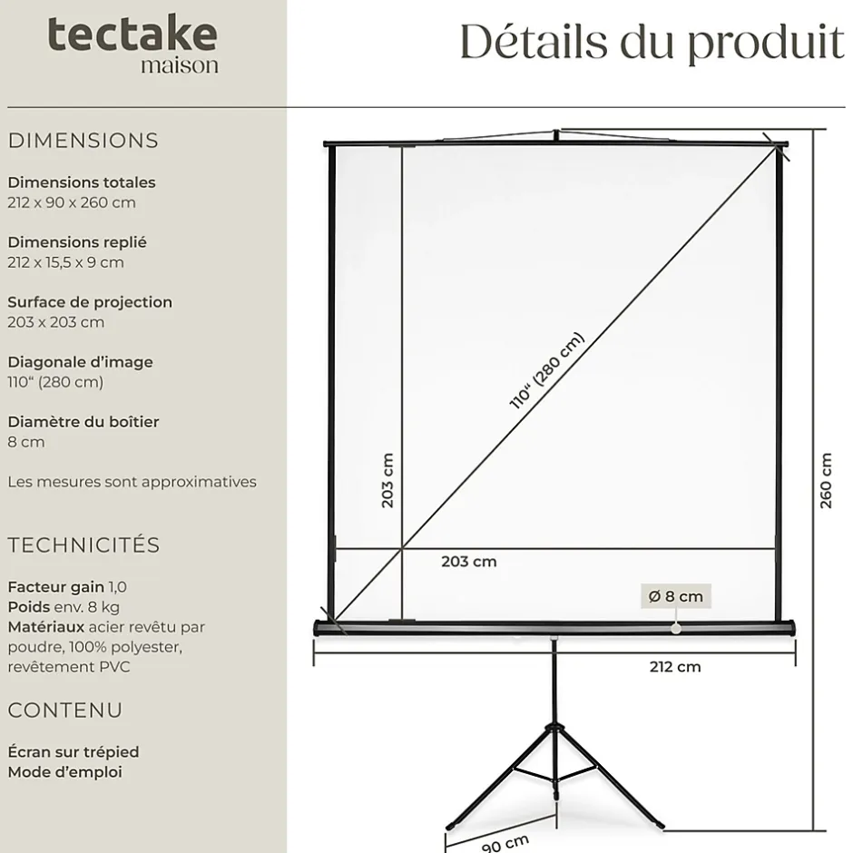 Écran de projection extensible avec un trépied en polyester blanc-Tectake