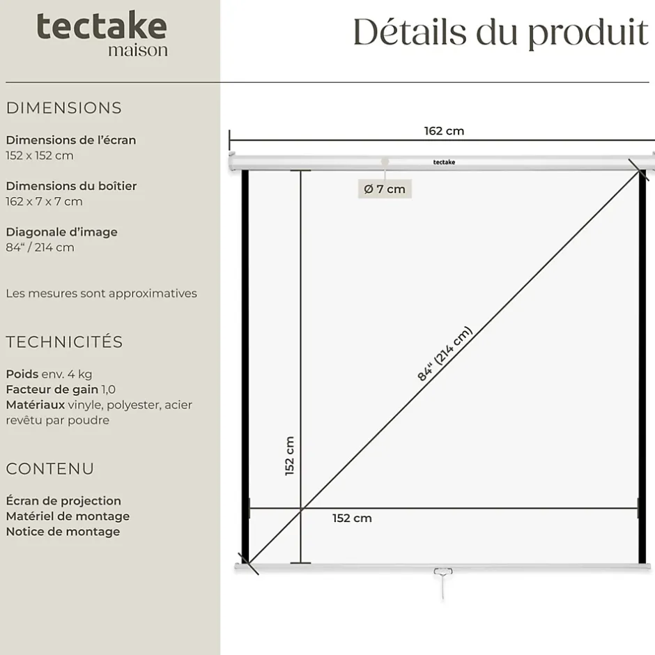 Écran de projection extensible mural en polyester blanc-Tectake Online
